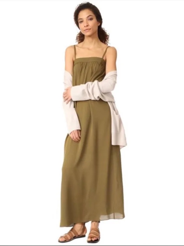 Vince Embroidered Neckline Silk Crepe Army Green Maxi Dress Xs Nwot
